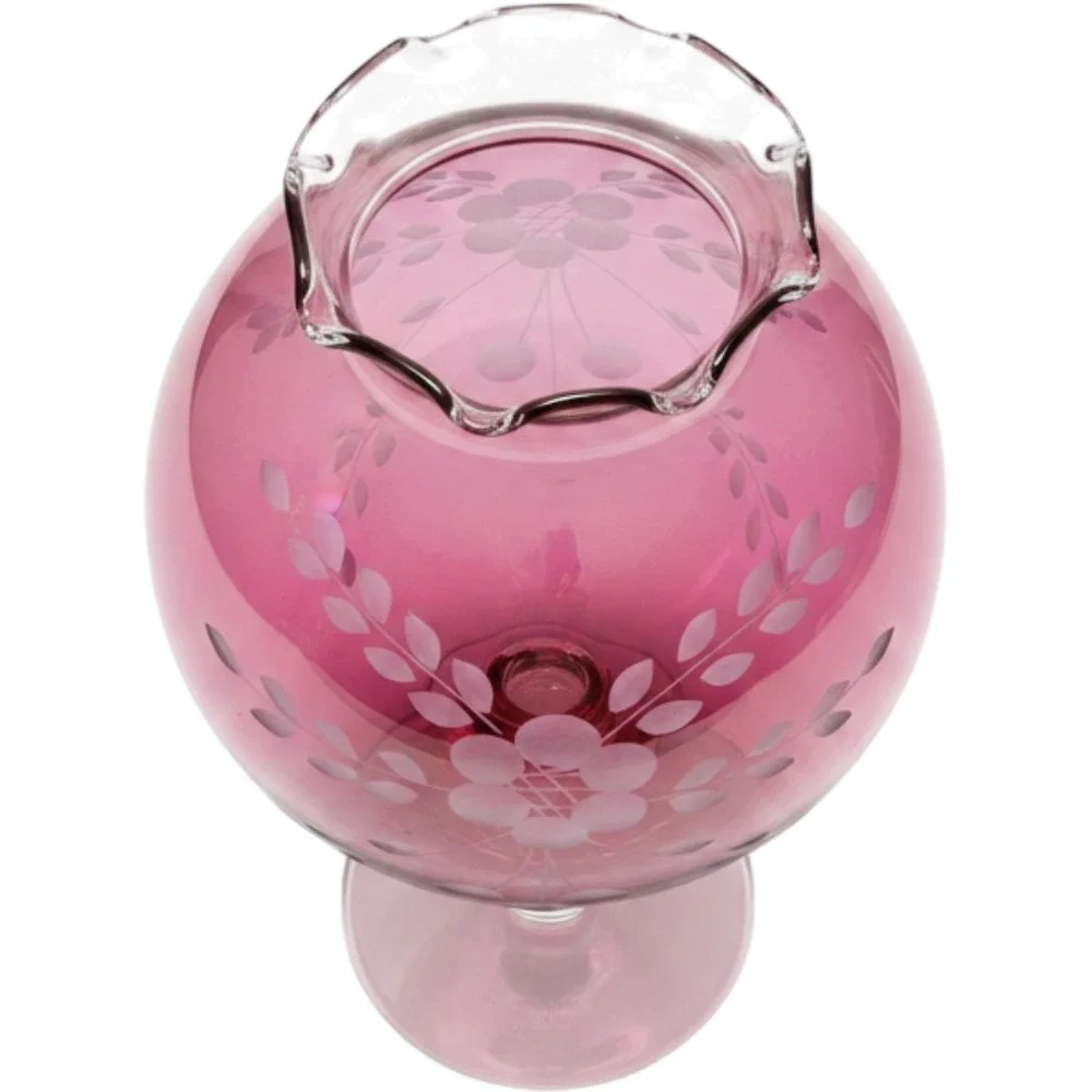 Vintage Cranberry Glass Etched Floral Pedestal Vase Ruffled Rim 7.75 Inch